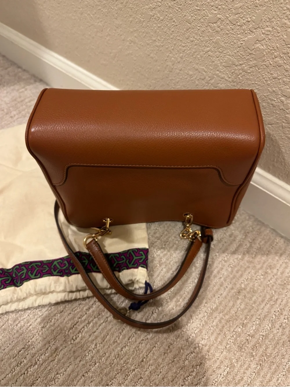 Tory Burch Brown Leather Chain-Accent Crossbody Satchel